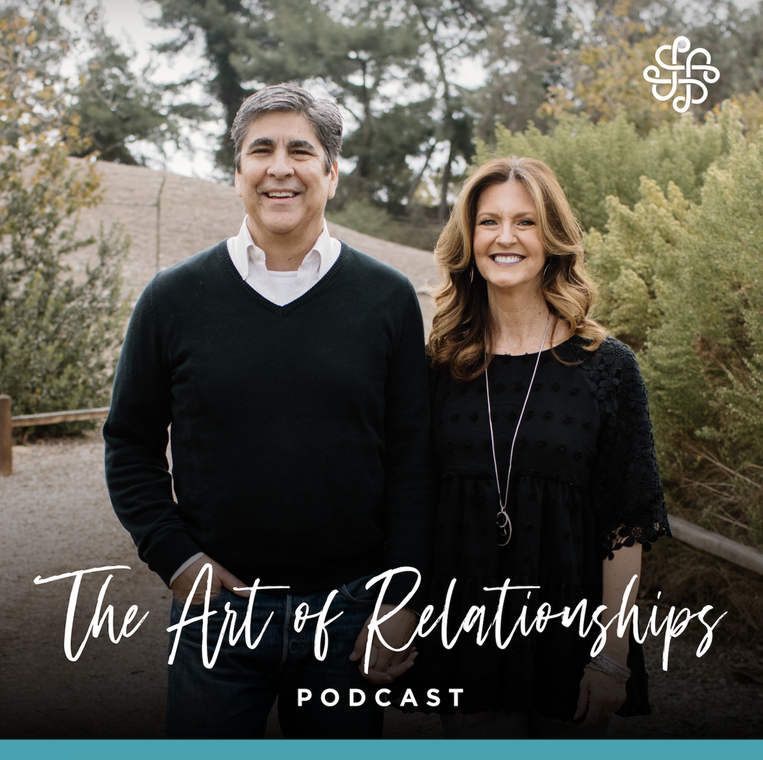 Art of Relationships podcast graphic, Chris and Alisa holding hands